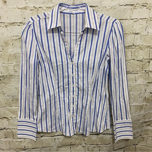 Express Blue White Striped Cotton Stretch V Neck Button Up Top - Picture 1 of 6